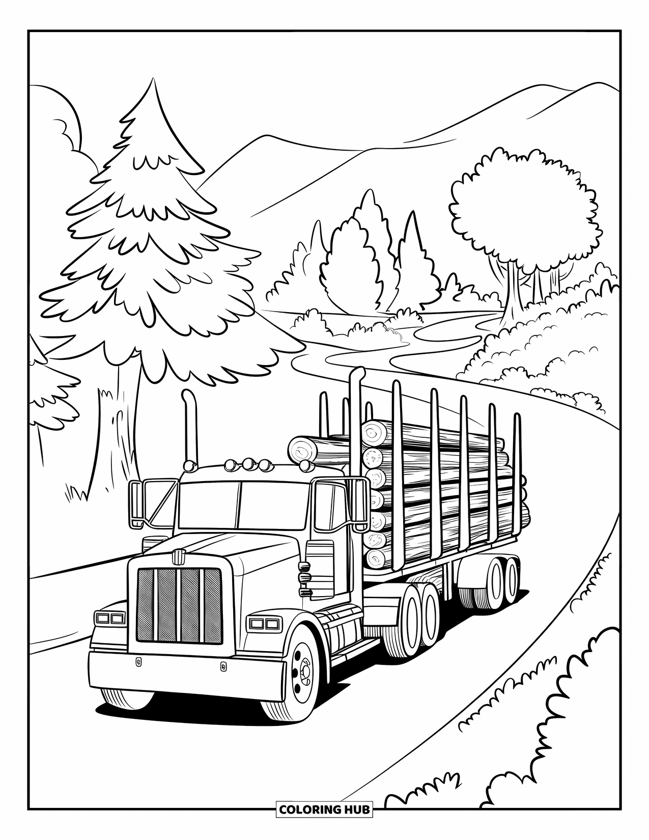 Semi Truck Coloring Page for Kids: A log-loaded truck winds through trees on a countryside road