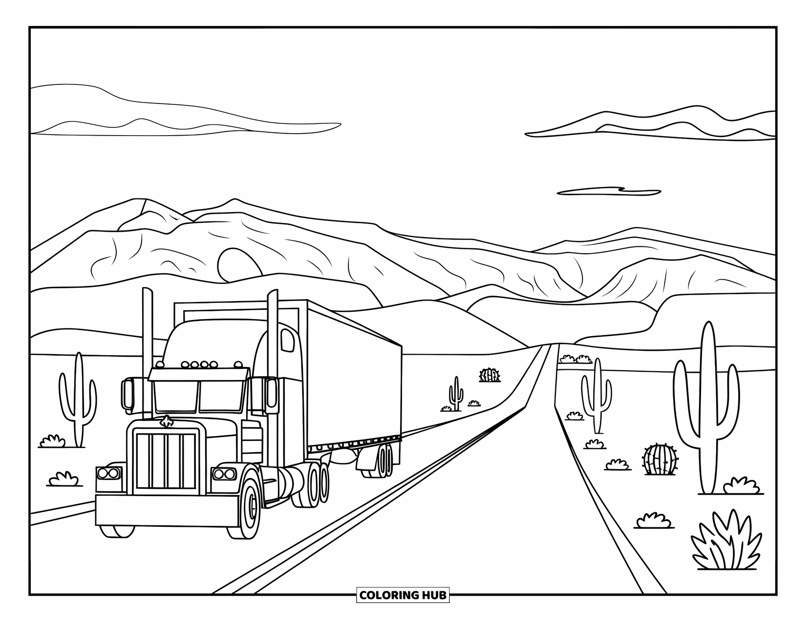Semi Truck Coloring Page for Kids: A semi truck cruises through the desert under a clear sky and layered mountains