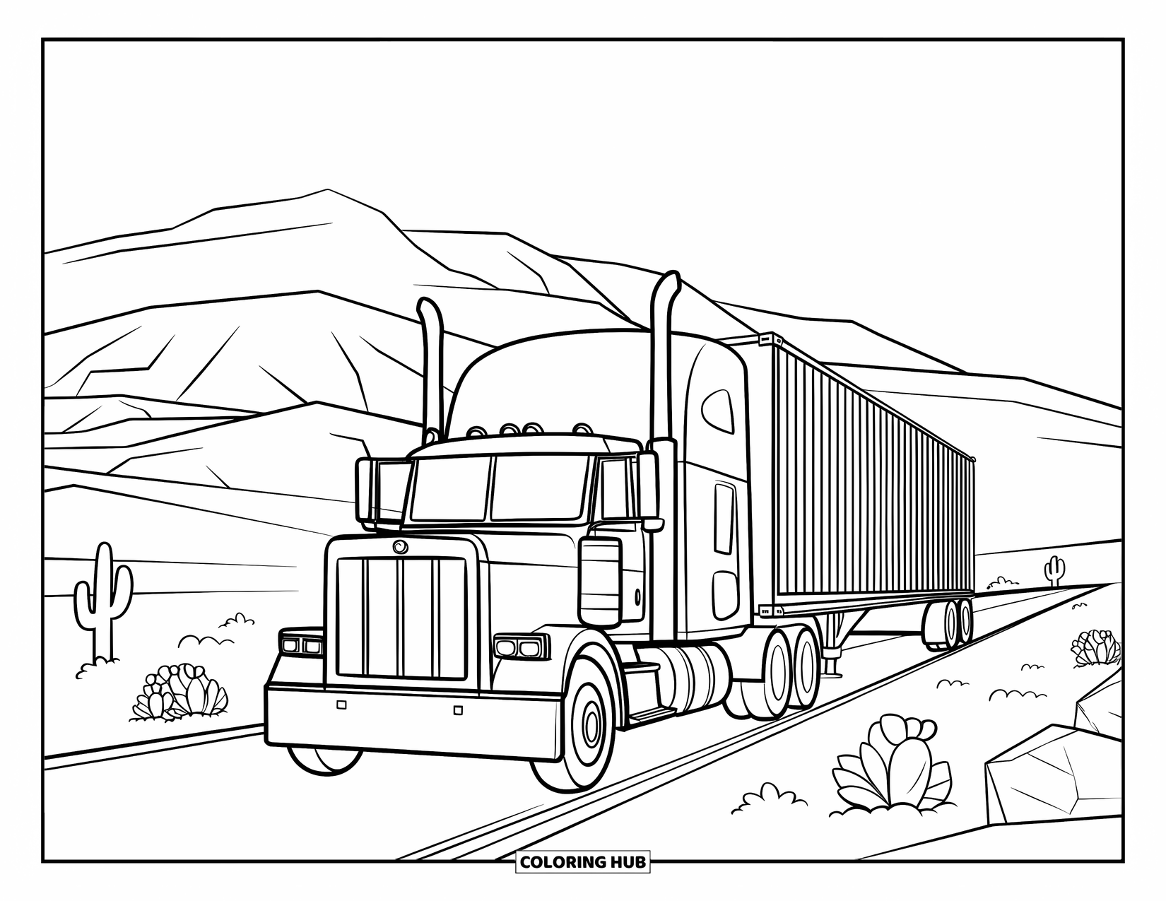 Semi Truck Coloring Page for Kids: A semi truck drives down a desert road lined with cacti and mountains
