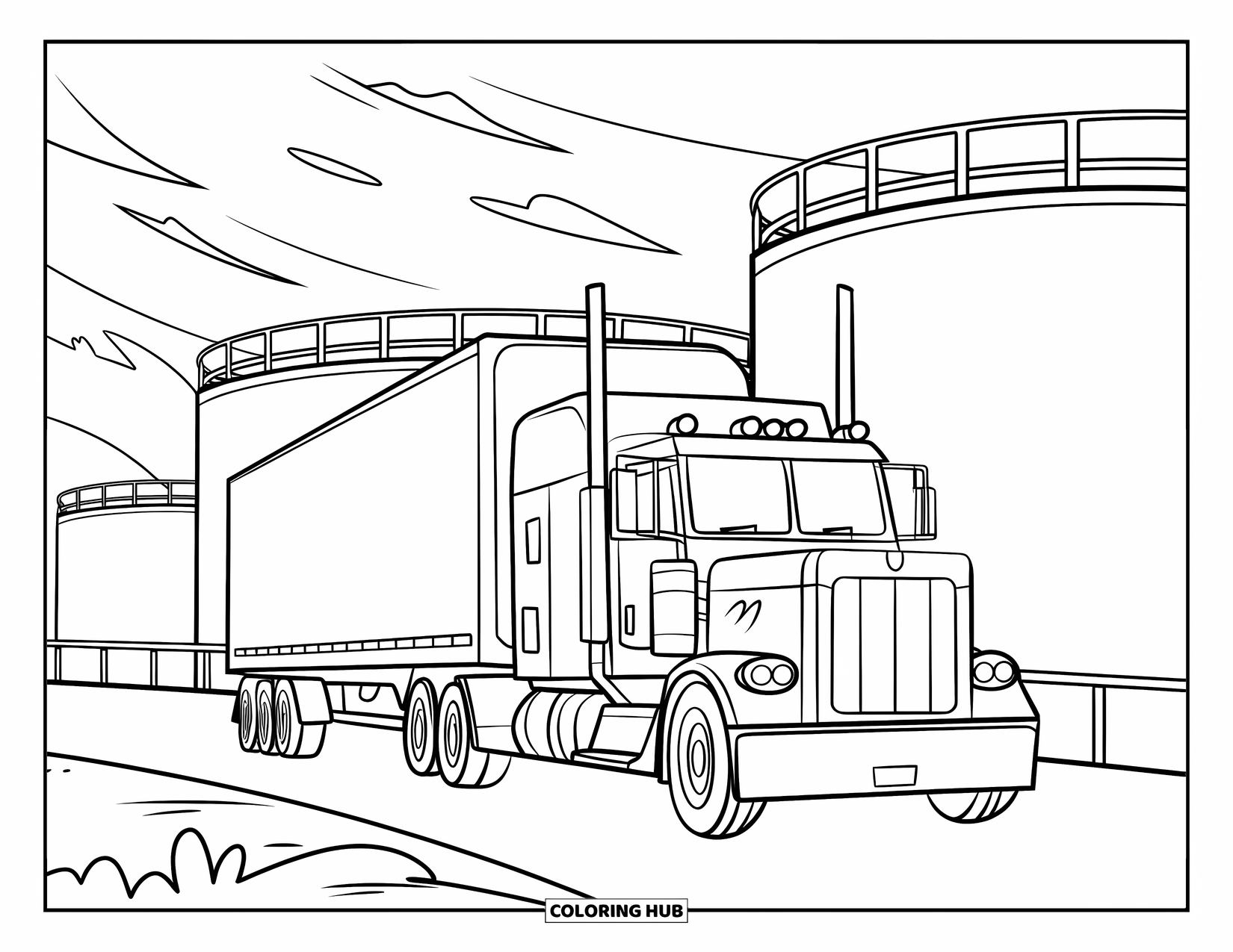 Semi Truck Coloring Page for Kids: A semi truck drives through an industrial area with storage tanks and railings