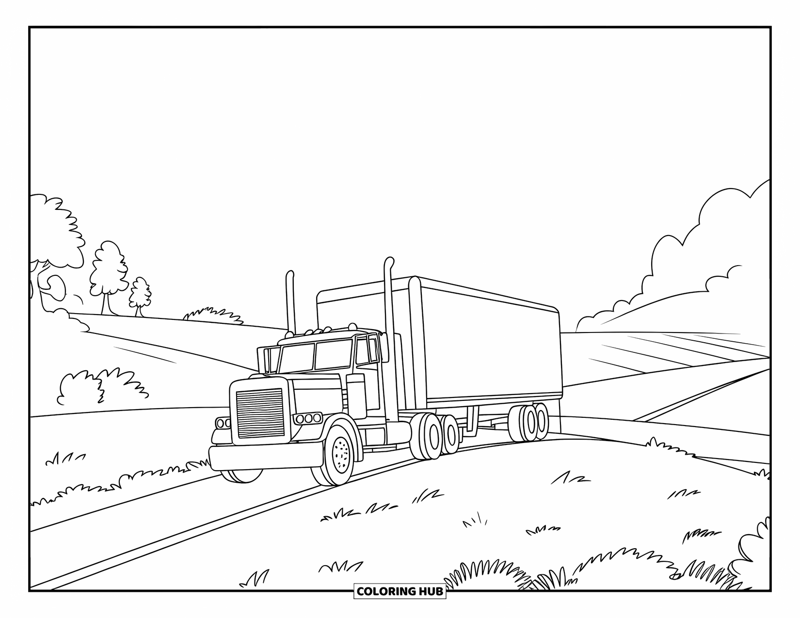 Semi Truck Coloring Page for Kids: A semi truck is parked along a quiet hill road with only two wheels showing
