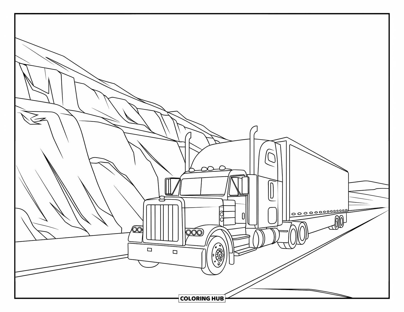 Semi Truck Coloring Page for Kids: A semi truck parks beside a vast canyon with carved cliffs