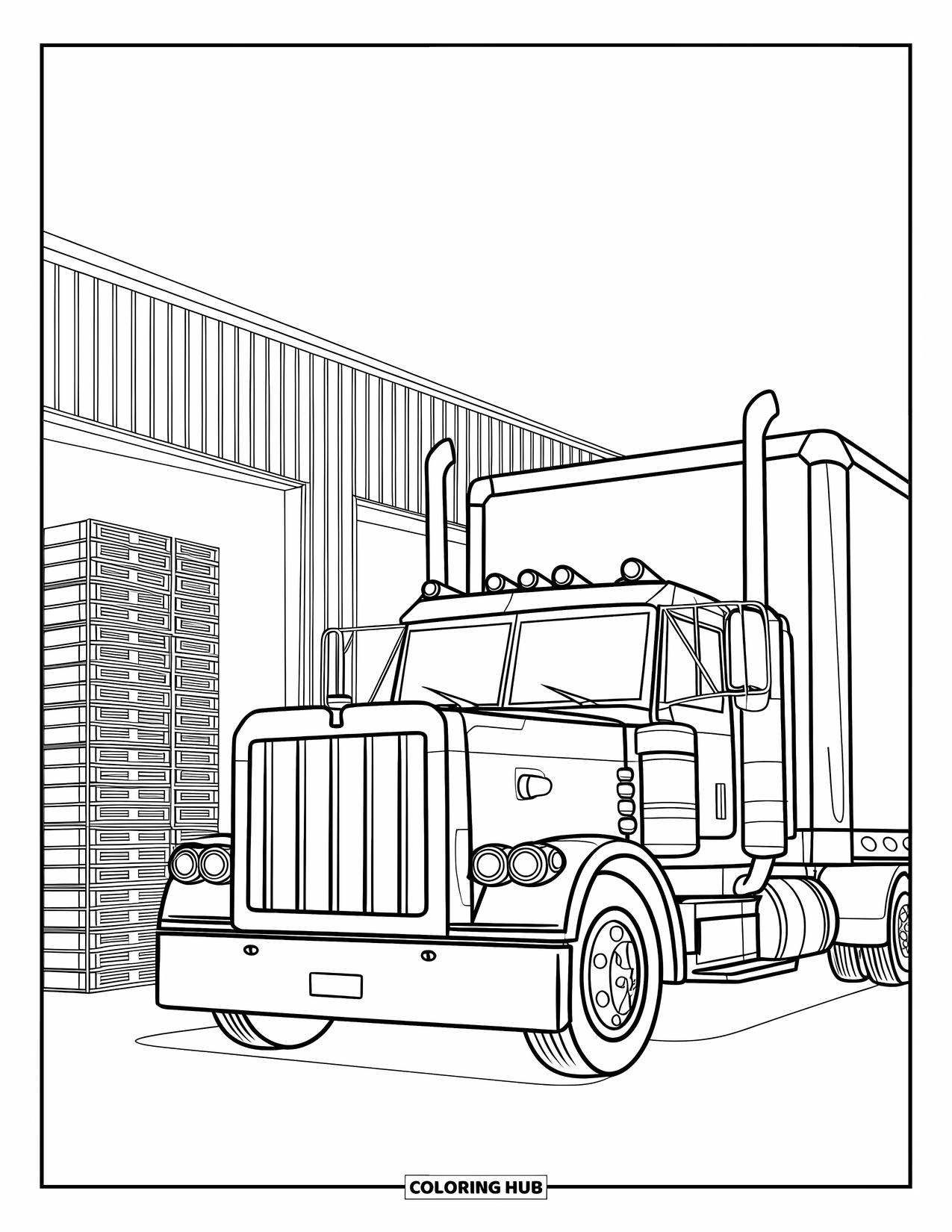 Semi Truck Coloring Page for Kids: A semi truck parks near a warehouse with stacked pallets and crates