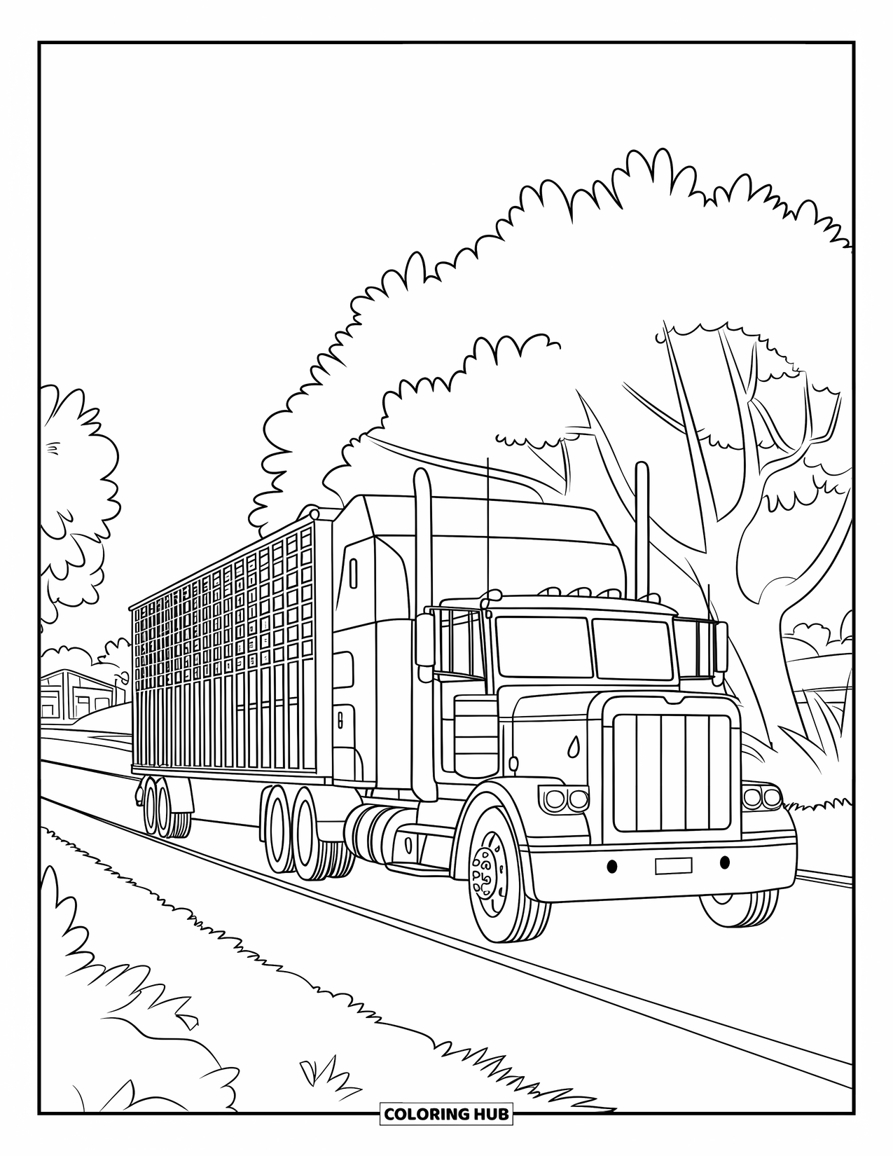 Semi Truck Coloring Page for Kids: A semi truck pulls a trailer down a rural road lined with trees