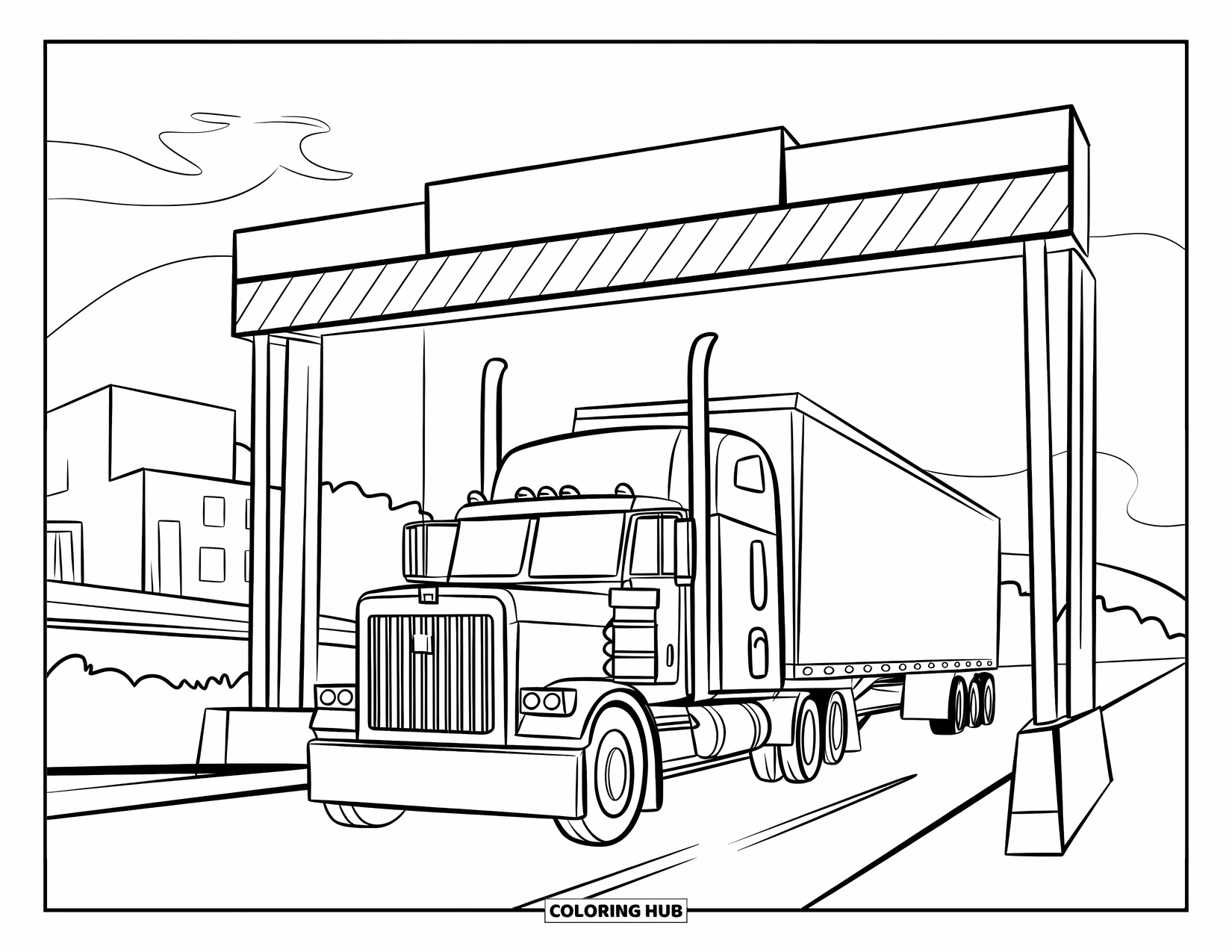 Semi Truck Coloring Page for Kids: A semi truck rolls through a toll booth with a striped gate and clear road