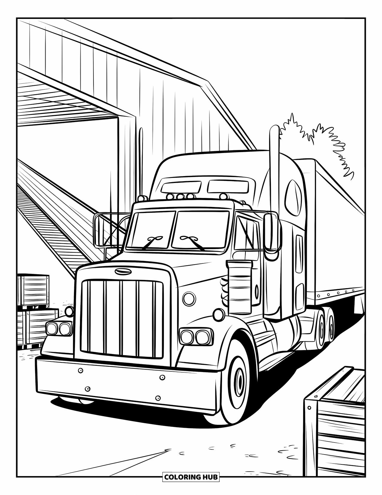 Semi Truck Coloring Page for Kids: A smiling driver waits in a truck being loaded with crates and trees nearby