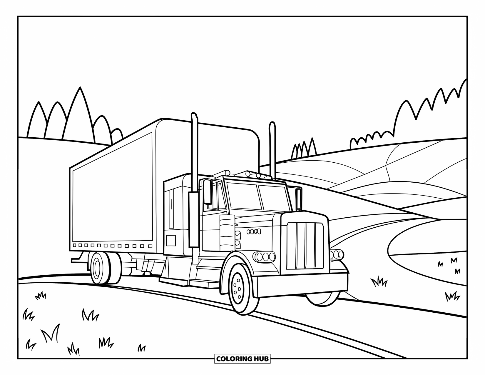 Semi Truck Coloring Page for Kids: A striped truck rests on a curvy hill road with trees and sky