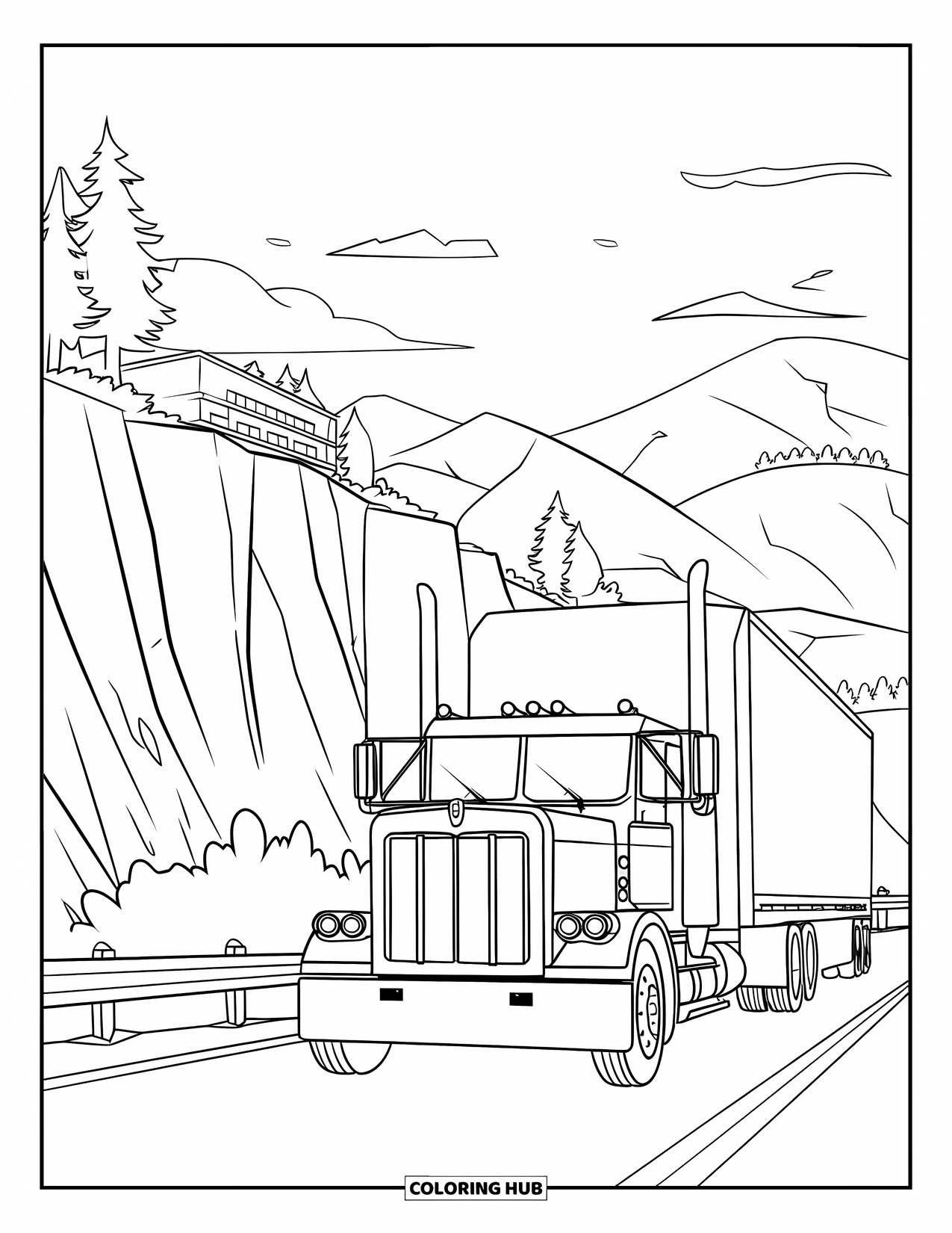 Semi Truck Coloring Page for Kids: A truck drives near cliffs and trees, following bends in the mountain road