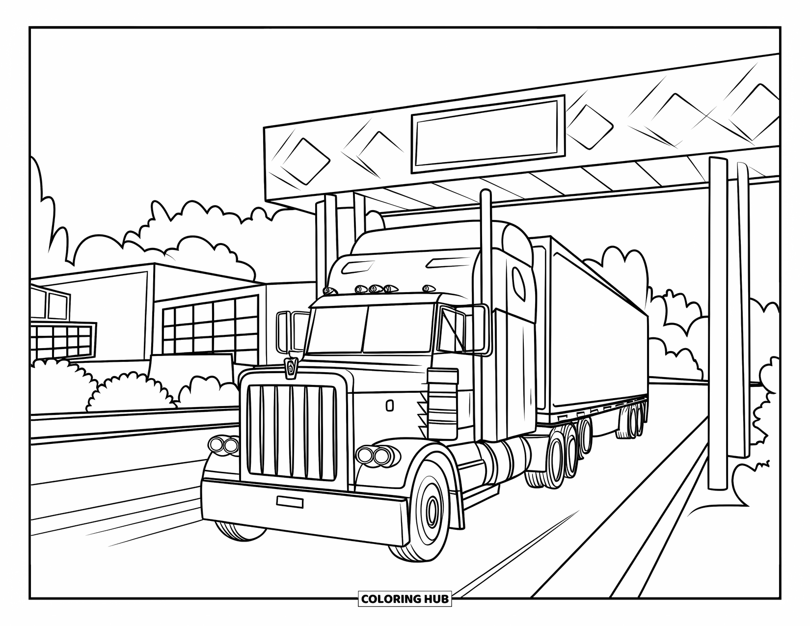 Semi Truck Coloring Page for Kids: A truck drives through a toll booth with trees and buildings nearby