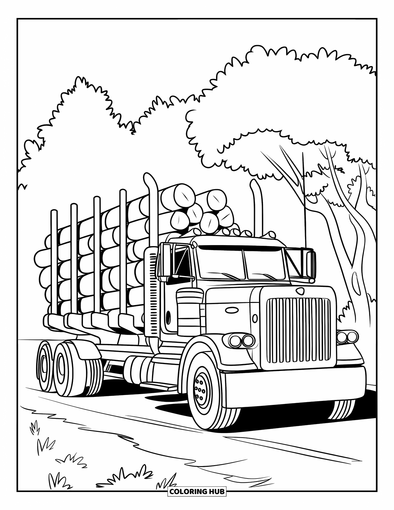 Semi Truck Coloring Page for Kids: A truck hauls logs down a quiet countryside road with trees in the background