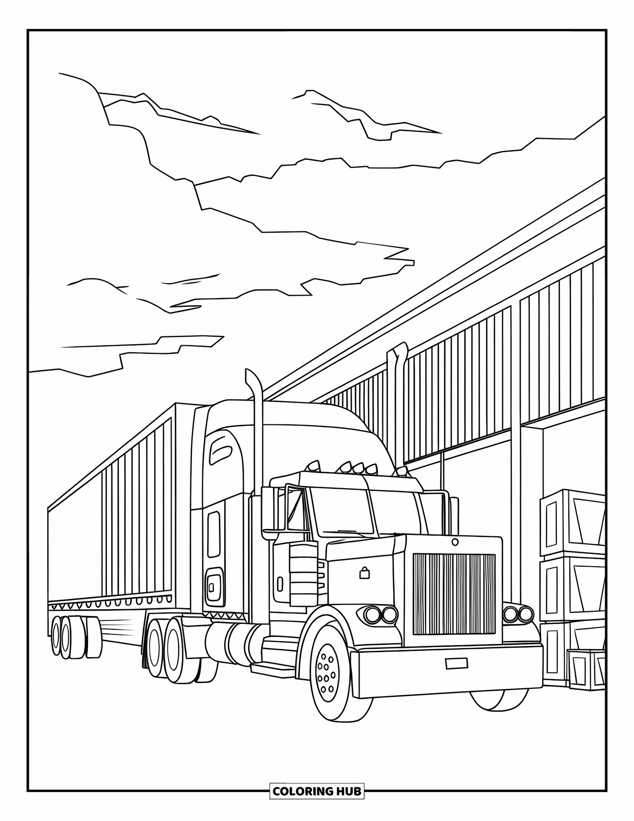 Semi Truck Coloring Page for Kids: A truck rests beside a warehouse under a cloudy sky