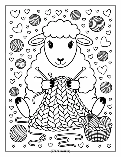 Coloriage de moutons pour adultes : Un mouton paisible tricote une couverture à motif de cœurs près d'un panier de pelotes