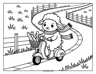 Coloriage de moutons pour adultes : Un mouton à l'aise roule sur un scooter le long d'une route de campagne avec un panier plein de douceurs