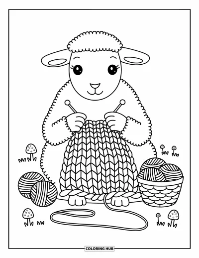 Coloriage de moutons pour adultes : Un mouton habile tricote une couverture en forme de cœur entouré de pelotes de laine et d'accessoires douillets