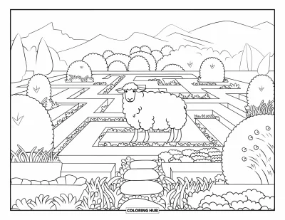 Coloriage de moutons pour adultes : Un mouton curieux se promène dans un jardin topiaire paisible avec des buissons en forme d'animaux