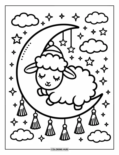 Coloriage de moutons pour adultes : Un mouton endormi fait la sieste sur une lune en portant un bonnet de nuit parmi les étoiles et les nuages