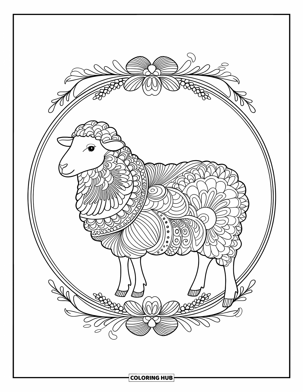 Sheep Coloring Page for Adults: A decorative sheep stands in profile, surrounded by a floral border
