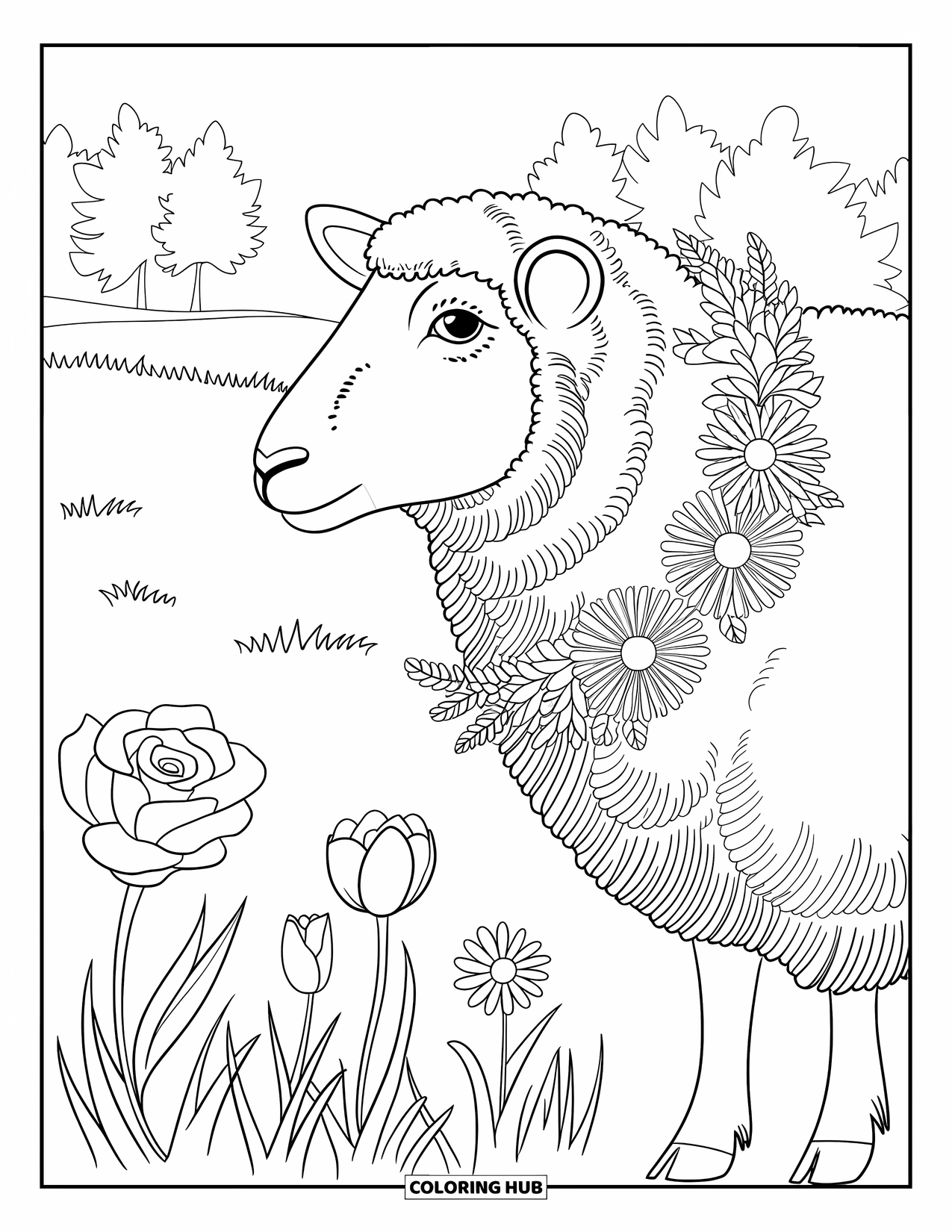 Sheep Coloring Page for Adults: A flower-crowned sheep stands in grass with tulips, roses, and trees around