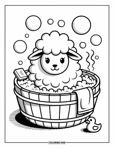 Coloriage de moutons pour adultes : Un mouton duveteux profite d'un bain moussant avec un canard en plastique et des bulles flottantes