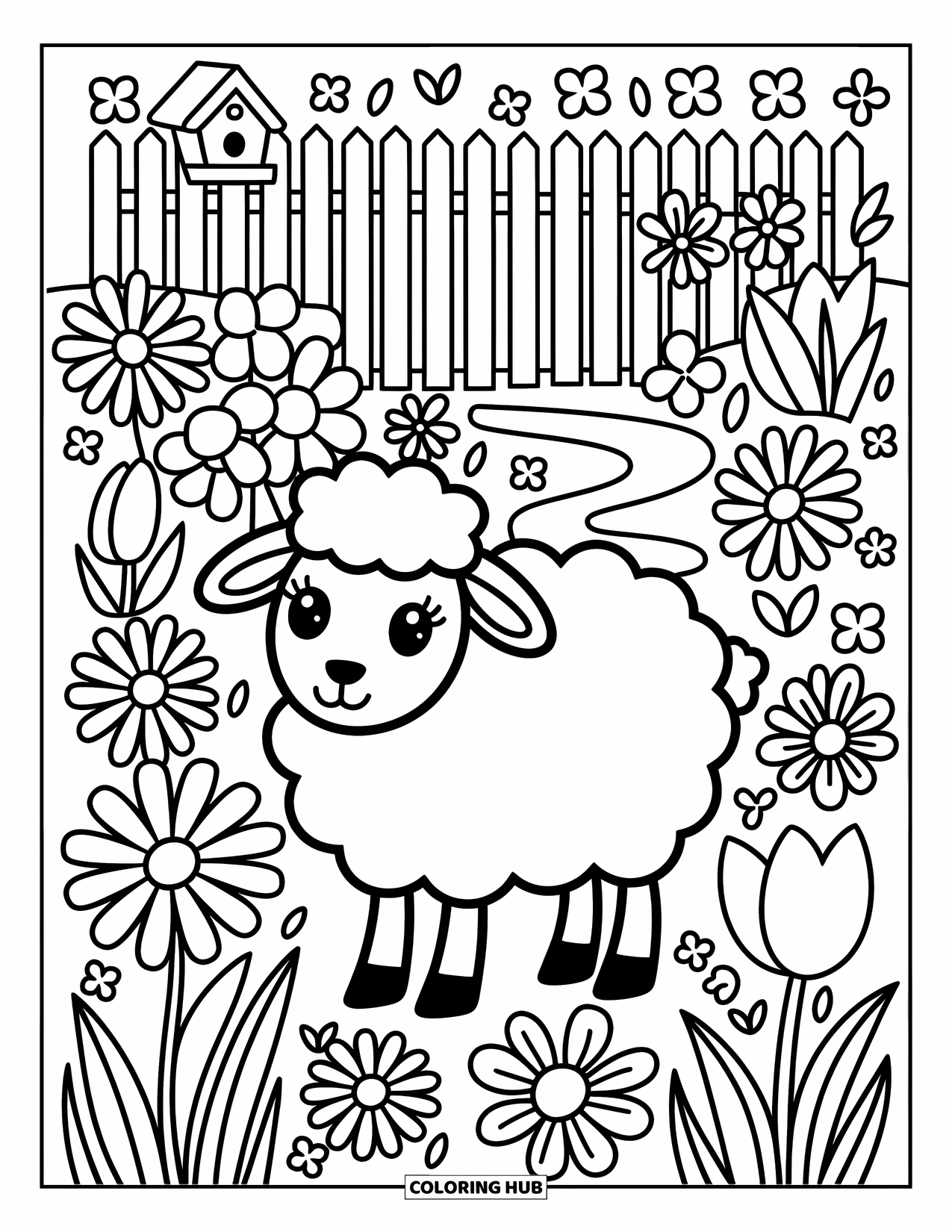 Sheep Coloring Page for Adults: A fluffy sheep poses near a picket fence and birdhouse among giant flowers