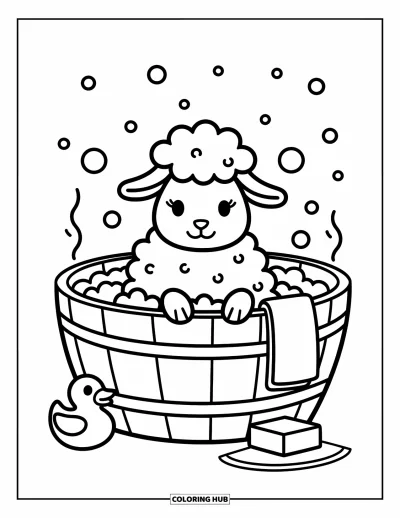 Coloriage de moutons pour adultes : Un mouton duveteux se détend dans un bain plein de bulles avec un canard en plastique et une serviette