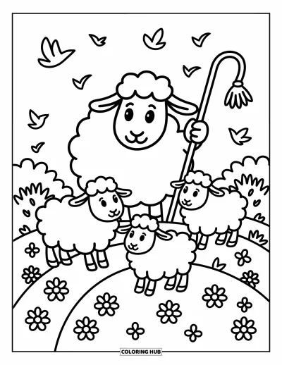 Coloriage de moutons pour adultes : Un doux mouton guide trois petits agneaux enjoués parmi des fleurs et des oiseaux en vol