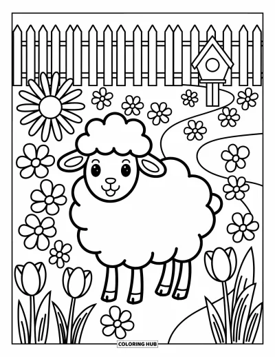Coloriage de moutons pour adultes : Un mouton heureux se tient dans un champ fleuri avec des marguerites et un chemin sinueux