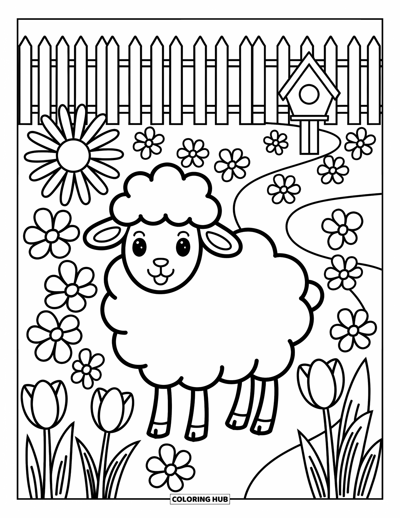 Sheep Coloring Page for Adults: A happy sheep stands in a flower field with daisies and a winding path