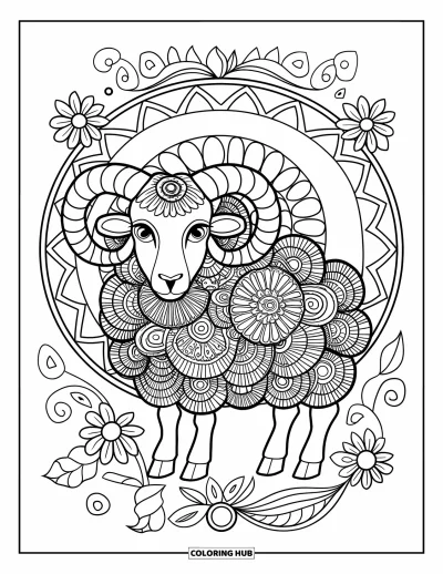 Coloriage de moutons pour adultes : Un mouton mandala se tient dans un cadre circulaire de spirales et de fleurs