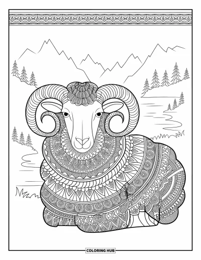 Coloriage de moutons pour adultes : Un mouton style mandala avec des cornes en spirale est assis près de montagnes et d'un plan d'eau