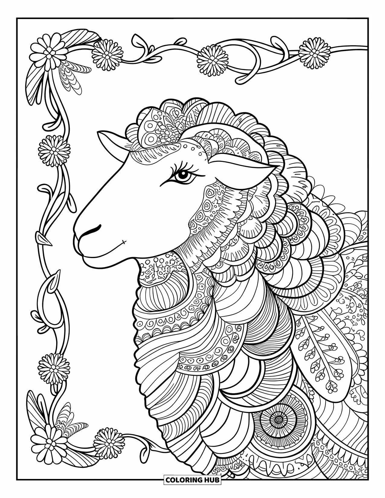 Sheep Coloring Page for Adults: A patterned sheep stands in a flower-framed border with swirls and vines