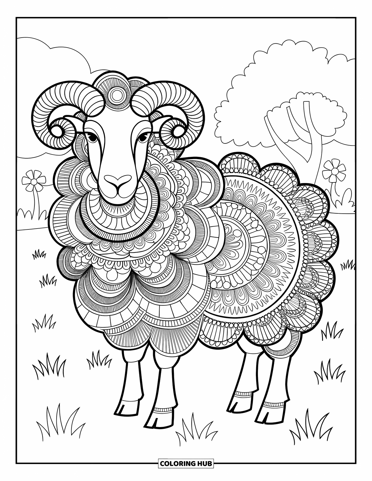 Sheep Coloring Page for Adults: A patterned sheep with spiraled horns stands in a grassy field with flowers