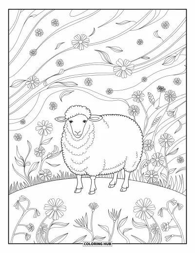 Coloriage de moutons pour adultes : Un mouton serein se tient dans un champ entouré de fleurs, de lianes et de courbes élégantes