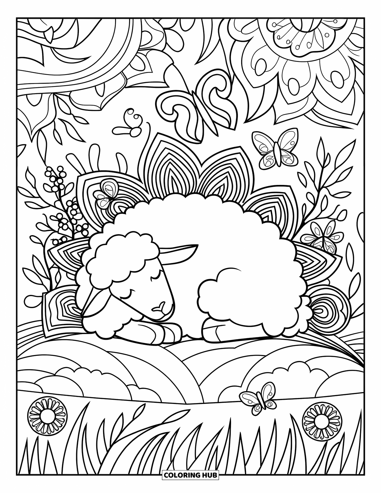 Sheep Coloring Page for Adults: A relaxed sheep lies on grass among butterflies, bees, and swirling floral patterns