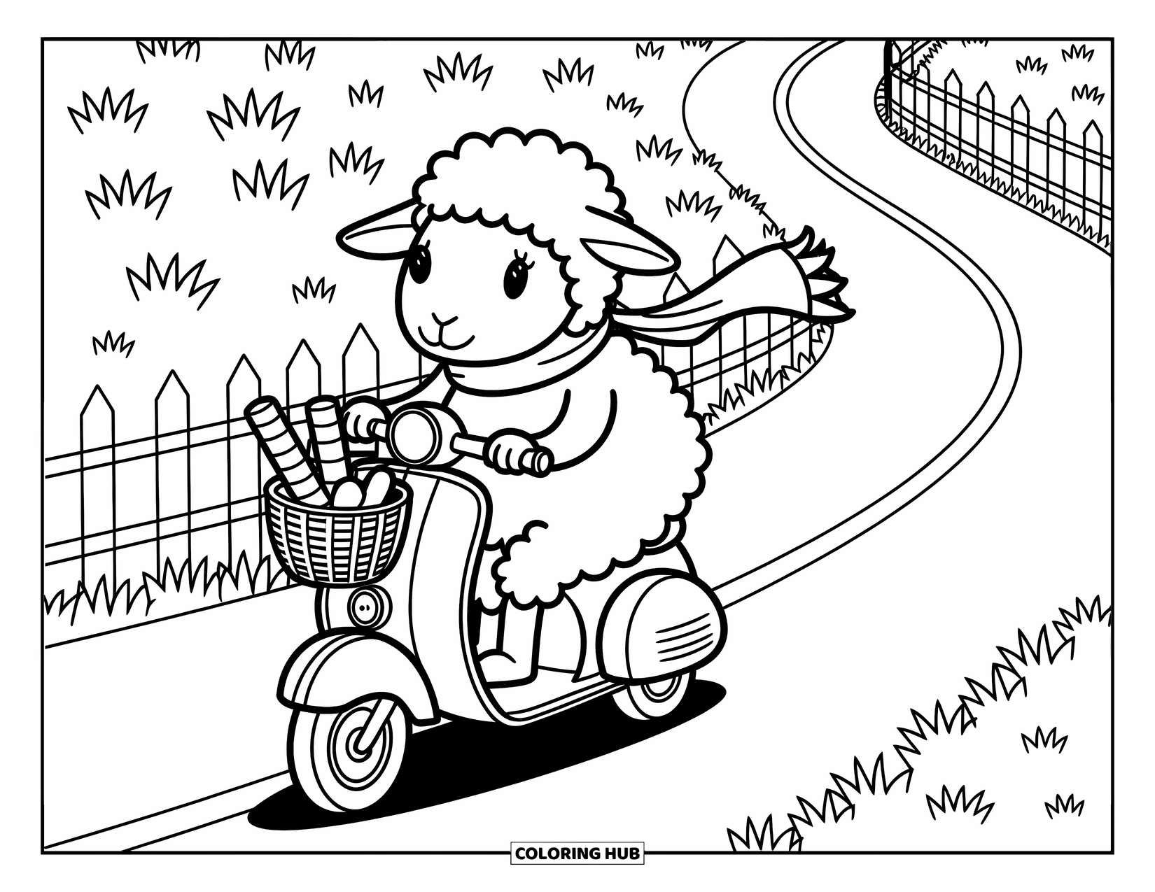 Sheep Coloring Page for Adults: A scarf-wearing sheep rides a vintage scooter past grass, fences, and wildflowers