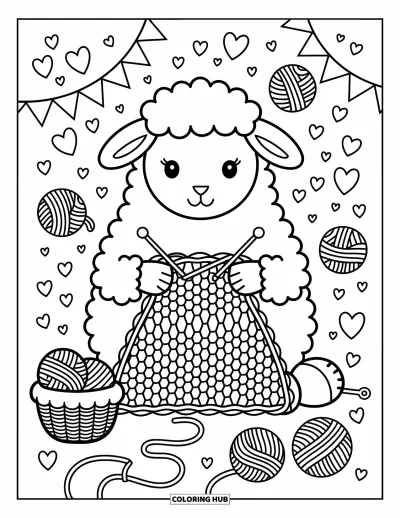 Coloriage de moutons pour adultes : Un mouton tricote tranquillement avec de la laine et des cœurs tandis que des champignons et des pissenlits ajoutent du charme