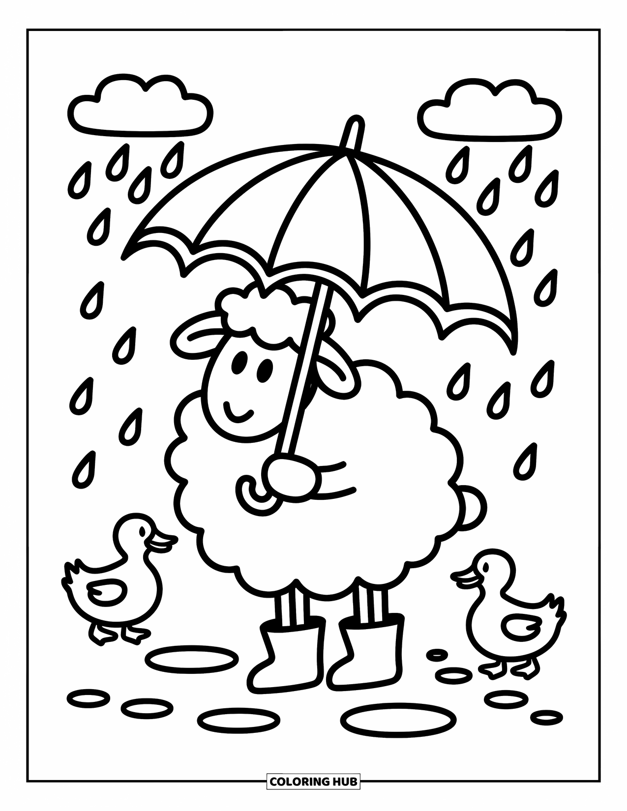 Sheep Coloring Page for Adults: A sheep stands in boots under rain with ducks and tiny splashes nearby