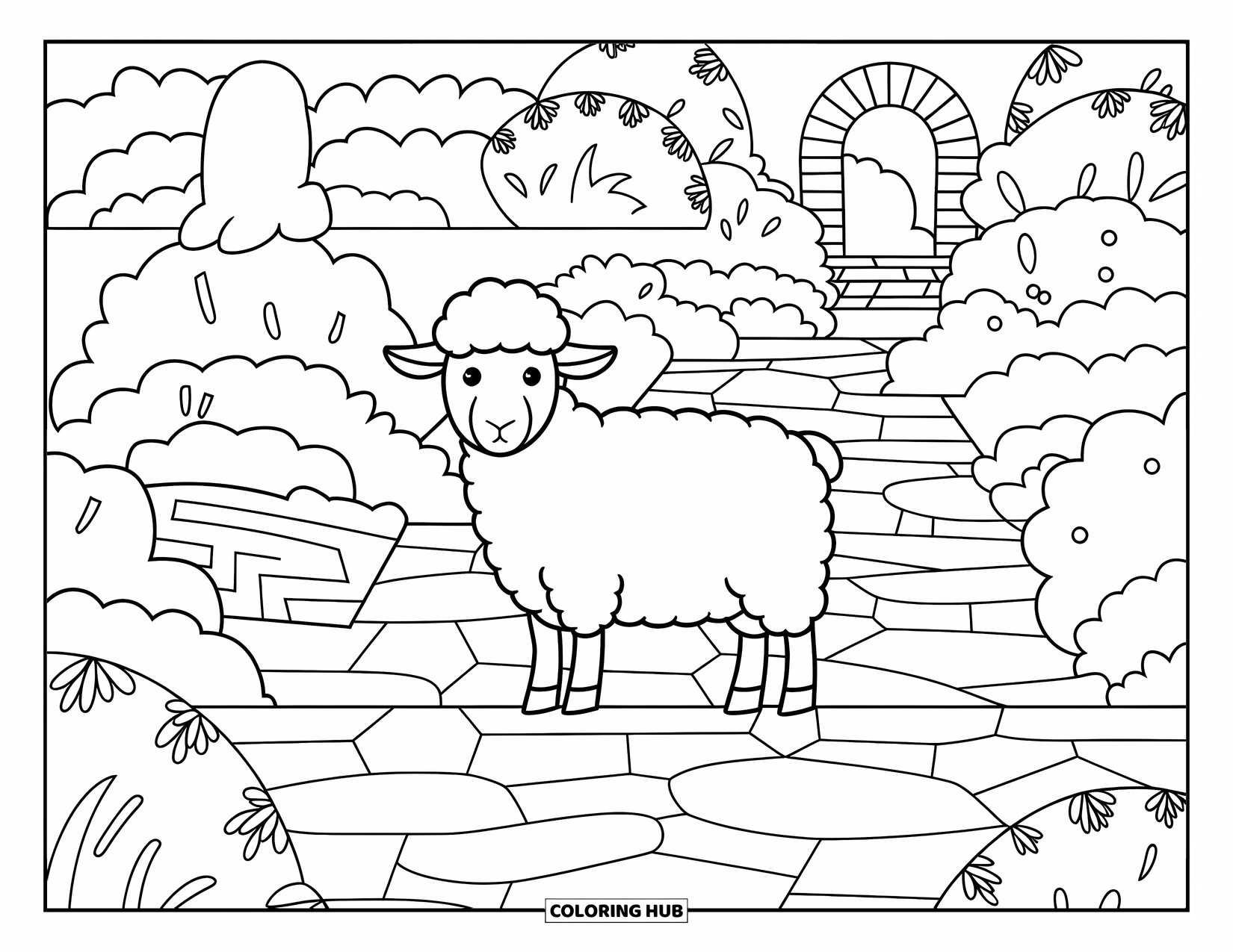 Sheep Coloring Page for Adults: A sheep stands on a stone path in a maze-like garden with topiary animals