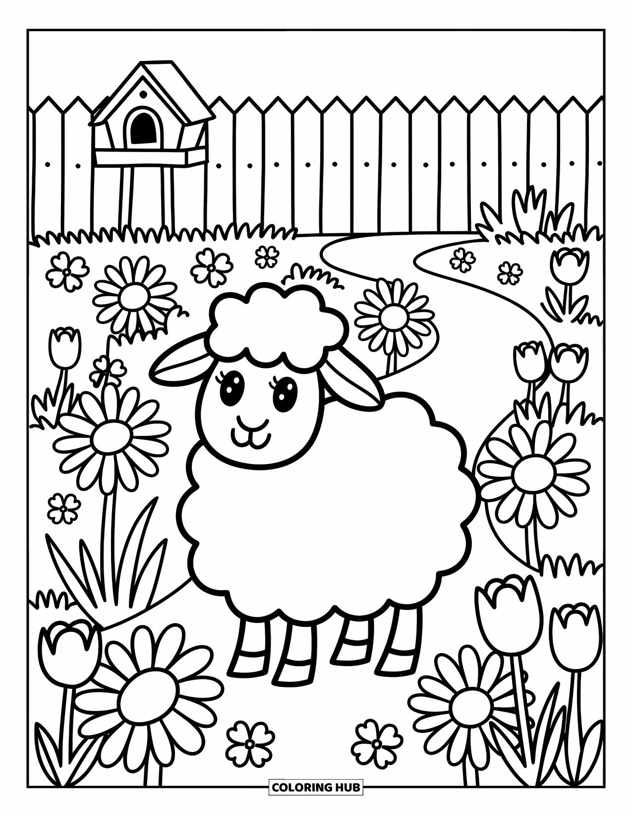 Sheep Coloring Page for Adults: A sheep stands proudly in a field of tulips, daisies, and clovers