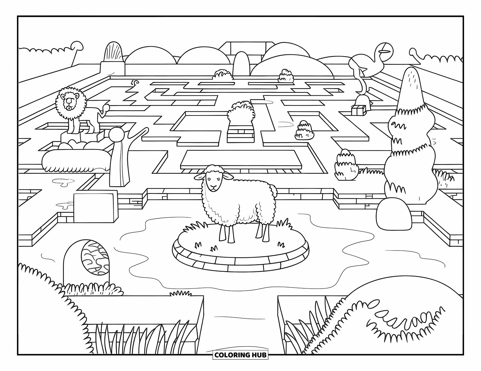 Sheep Coloring Page for Adults: A sheep wanders a lush garden island with stone paths and topiary statues