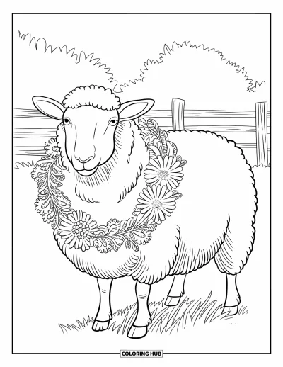 Coloriage de moutons pour adultes : Un mouton avec une couronne florale se tient dans un champ près d'une clôture rustique
