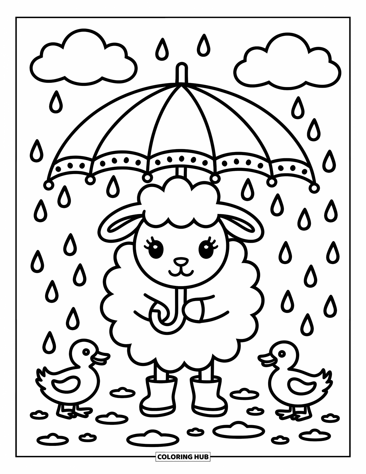 Sheep Coloring Page for Adults: A sheep with boots holds a frilly umbrella under soft raindrops and waddling ducks