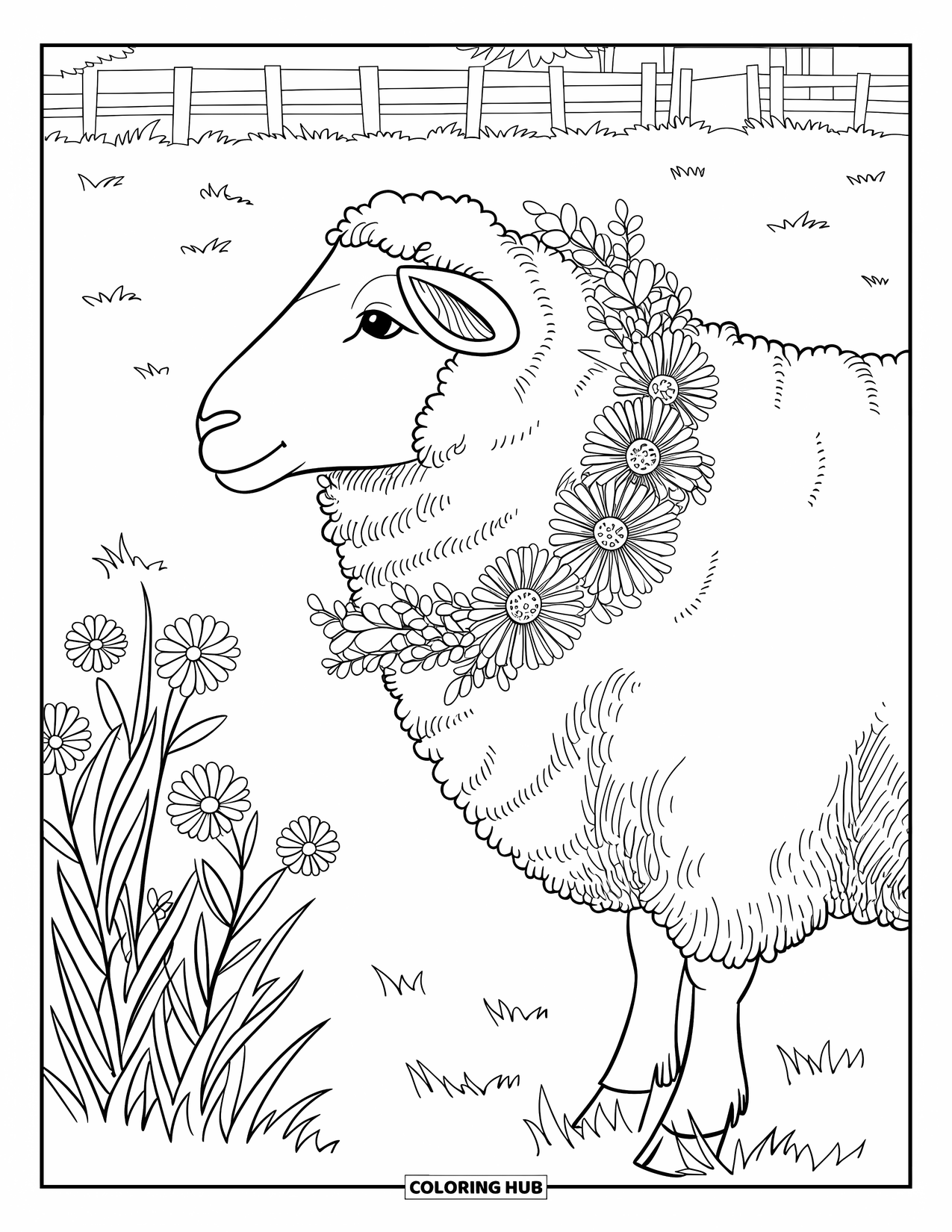 Sheep Coloring Page for Adults: A sheep with flowers around its neck stands in a grassy field near a vase