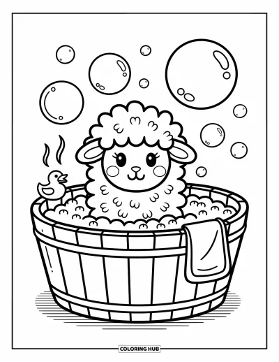 Coloriage de moutons pour adultes : Un mouton à la toison bouclée se prélasse dans un bain moussant avec une petite serviette
