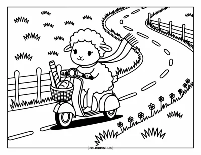 Coloriage de moutons pour adultes : Un mouton file à toute allure sur un scooter le long d'un chemin de campagne avec du pain et des cartes dans son panier