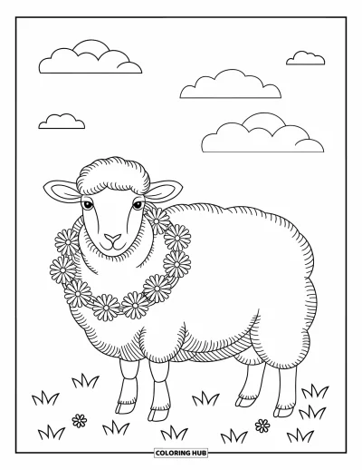 Coloriage de moutons pour adultes : Un mouton de profil avec une couronne de fleurs se tient dans un champ sous un ciel doux