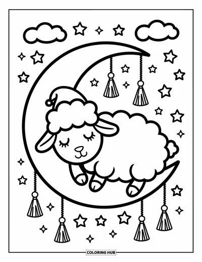 Coloriage de moutons pour adultes : Un mouton somnolent se pelotonne sur un croissant de lune avec des étoiles et des étincelles tout autour
