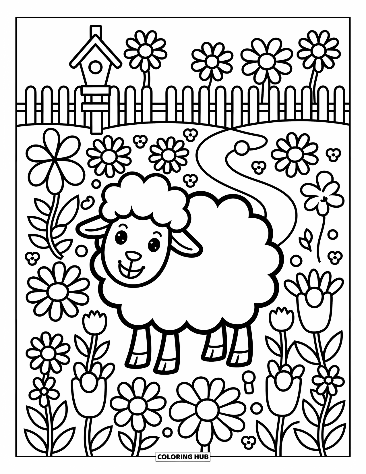 Sheep Coloring Page for Adults: A smiling sheep enjoys a garden of oversized flowers and a tiny birdhouse