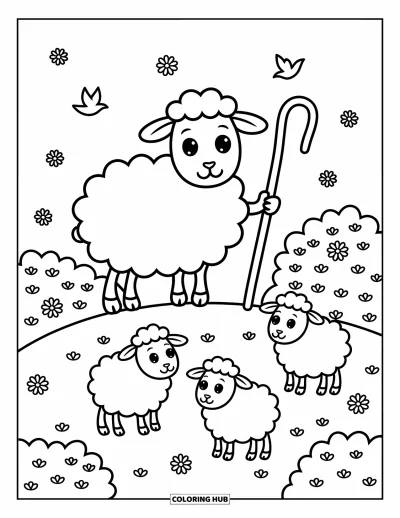Coloriage de moutons pour adultes : Un mouton sage tenant un bâton surveille des agneaux sur une colline paisible couverte de fleurs
