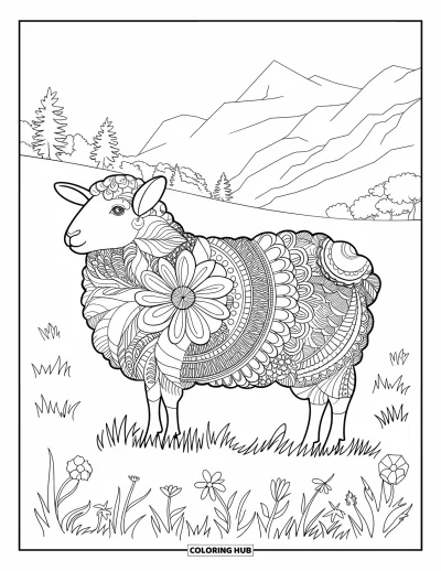 Coloriage de moutons pour adultes : Un mouton aux motifs zentangle se tient dans l'herbe avec des fleurs sur un fond serein